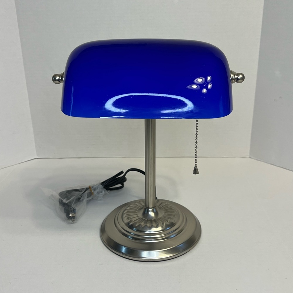 Bankers Desk Lamp Cobalt Blue Glass Shade Silver Pedestal Office With Box‎